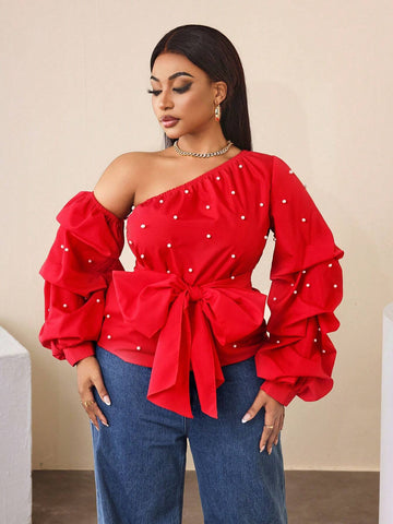 Women's Fashionable Exaggerated Asymmetrical Shoulder Red Pocket Sleeve Bubble Bead Long Sleeve Shirt