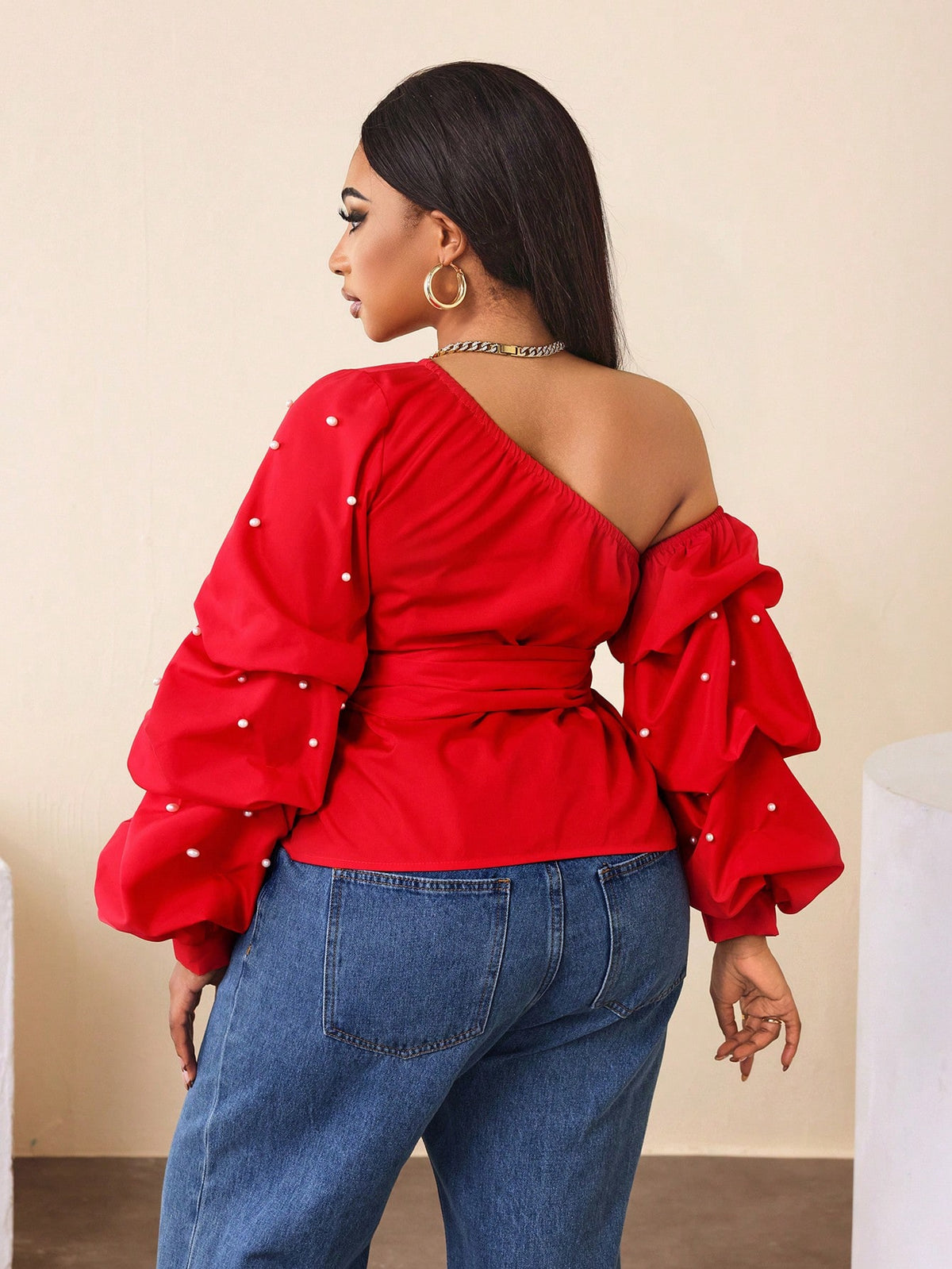 Women's Fashionable Exaggerated Asymmetrical Shoulder Red Pocket Sleeve Bubble Bead Long Sleeve Shirt
