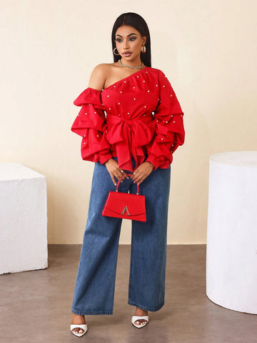 Women's Fashionable Exaggerated Asymmetrical Shoulder Red Pocket Sleeve Bubble Bead Long Sleeve Shirt