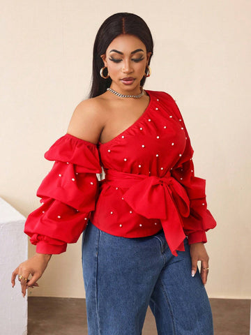 Women's Fashionable Exaggerated Asymmetrical Shoulder Red Pocket Sleeve Bubble Bead Long Sleeve Shirt