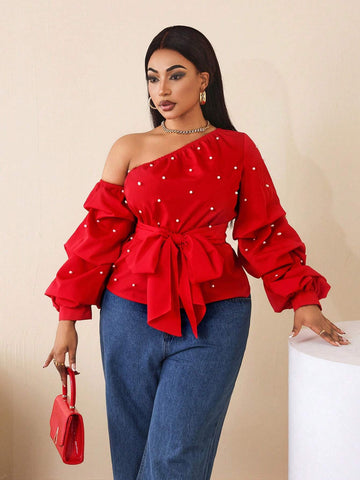 Women's Fashionable Exaggerated Asymmetrical Shoulder Red Pocket Sleeve Bubble Bead Long Sleeve Shirt
