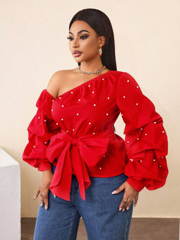 Women's Fashionable Exaggerated Asymmetrical Shoulder Red Pocket Sleeve Bubble Bead Long Sleeve Shirt