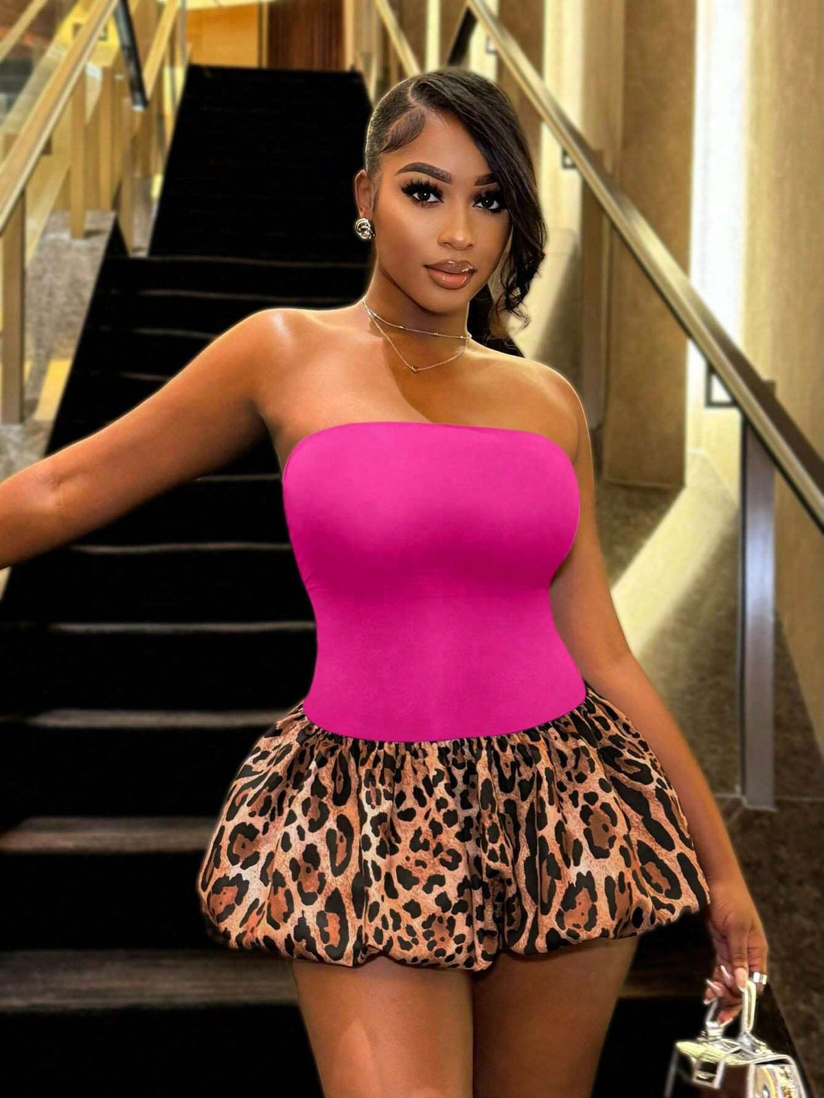 BamGleam Women's Leopard Print Patchwork Ruffle Hem Cropped Tube Dress