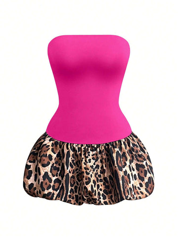 BamGleam Women's Leopard Print Patchwork Ruffle Hem Cropped Tube Dress