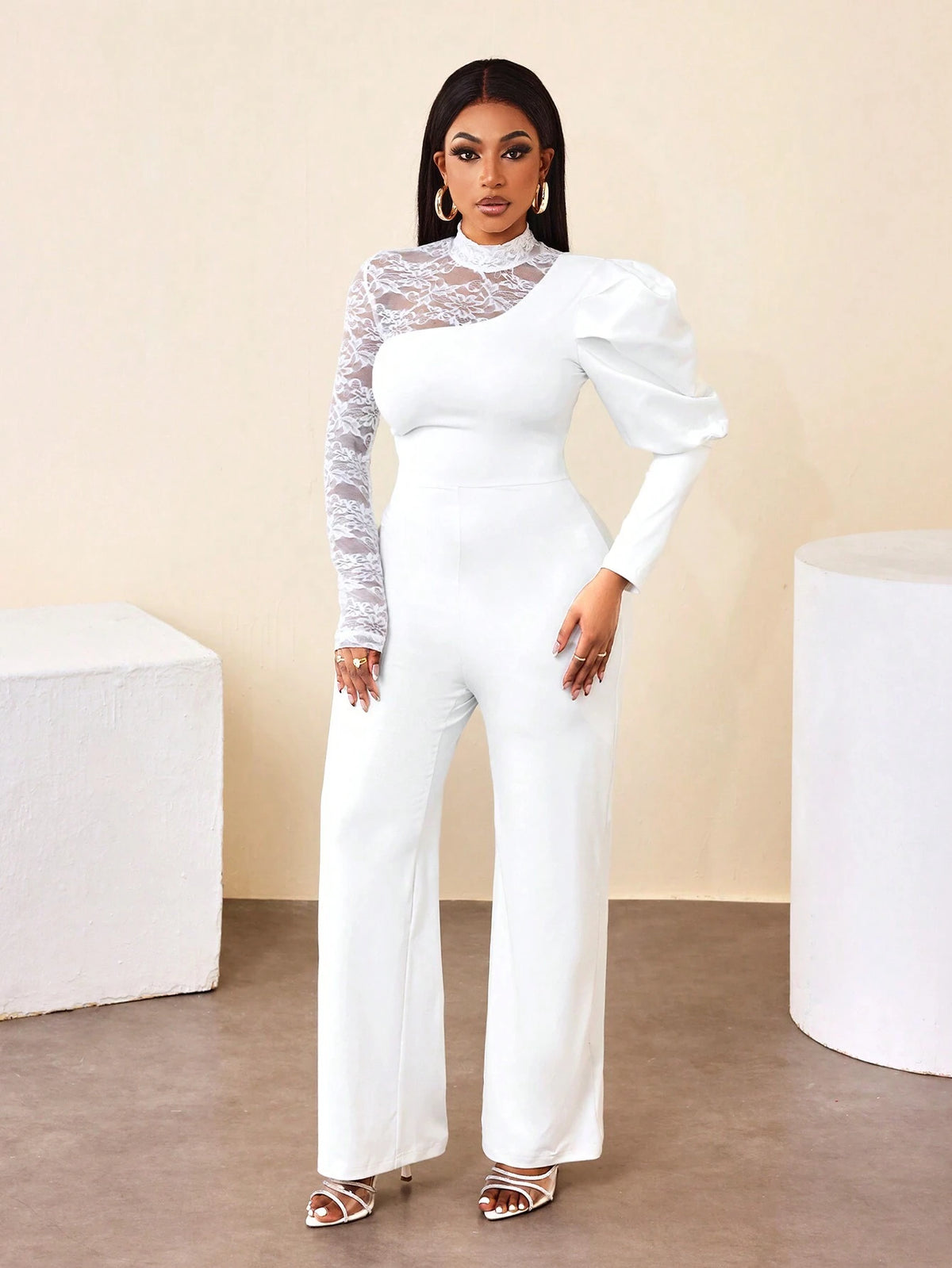 BamGleam Women's Mock Neck Long Sleeve Lace Patchwork Casual Jumpsuit