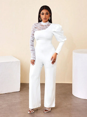 BamGleam Women's Mock Neck Long Sleeve Lace Patchwork Casual Jumpsuit