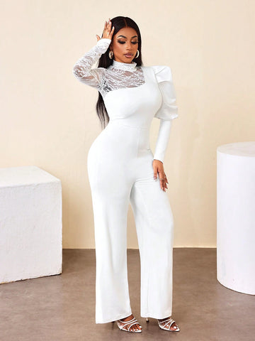 BamGleam Women's Mock Neck Long Sleeve Lace Patchwork Casual Jumpsuit