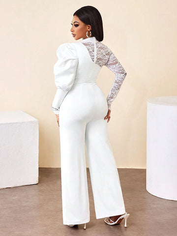 BamGleam Women's Mock Neck Long Sleeve Lace Patchwork Casual Jumpsuit