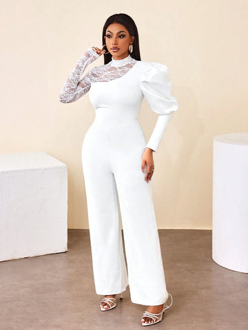 BamGleam Women's Mock Neck Long Sleeve Lace Patchwork Casual Jumpsuit