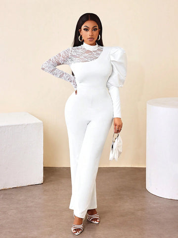 BamGleam Women's Mock Neck Long Sleeve Lace Patchwork Casual Jumpsuit