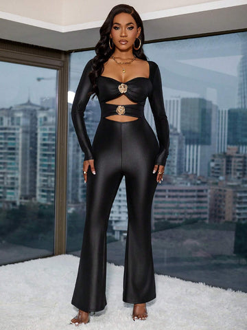 BamGleam Women's PU Leather Heart Neck Long Sleeve Hollow Out 3D Flower Decor Fashionable Sexy Jumpsuit