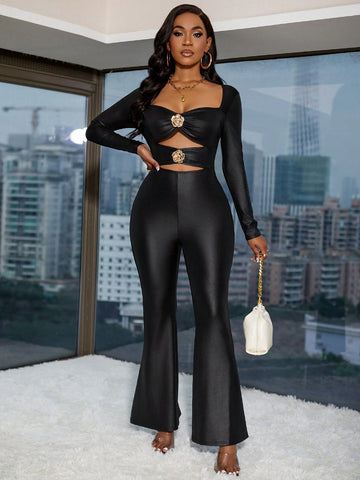 BamGleam Women's PU Leather Heart Neck Long Sleeve Hollow Out 3D Flower Decor Fashionable Sexy Jumpsuit