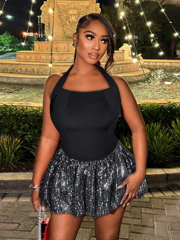 BamGleam Women's Sequin Patchwork Halter Neck Tie Back Casual Mini Dress