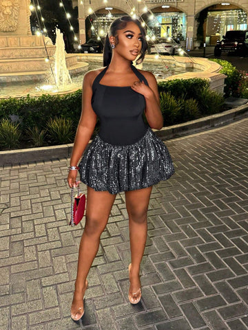 BamGleam Women's Sequin Patchwork Halter Neck Tie Back Casual Mini Dress