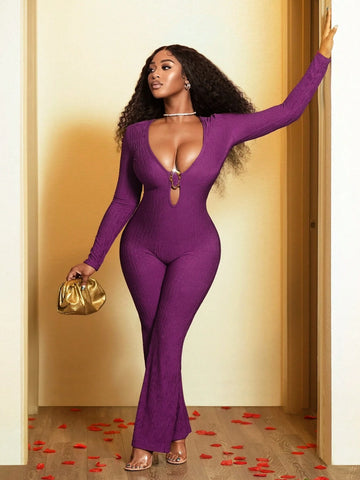 BamGleam Women's Sexy Jumpsuit With Deep V-Neck, Personality Buckle Detail, Long Sleeve, Minimalist Elegant Style, Winter