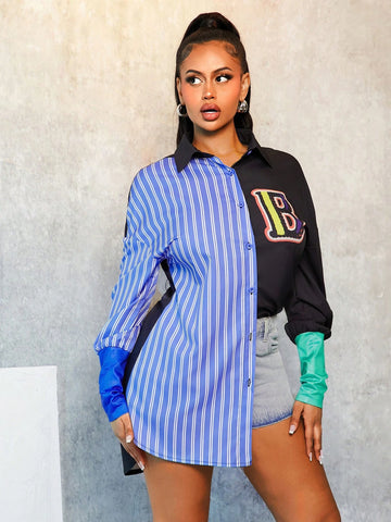 Women's Trendy Fashionable Striped Color Block Stitching Short Front And Long Back Chapter Print Shirt