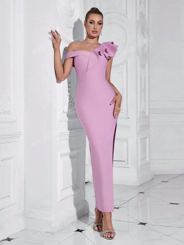 Bandage Dress Asymmetrical Neckline Ruffled Thigh-High Slit Dress