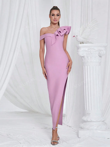 Bandage Dress Asymmetrical Neckline Ruffled Thigh-High Slit Dress