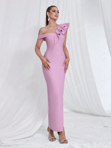 Bandage Dress Asymmetrical Neckline Ruffled Thigh-High Slit Dress