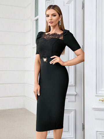 Bandage Dress With Elegant Bubble Sleeves, Lace Waist Belt, And Slim Fit