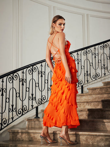 Bardot Lace Up Ruffle Straight Dress