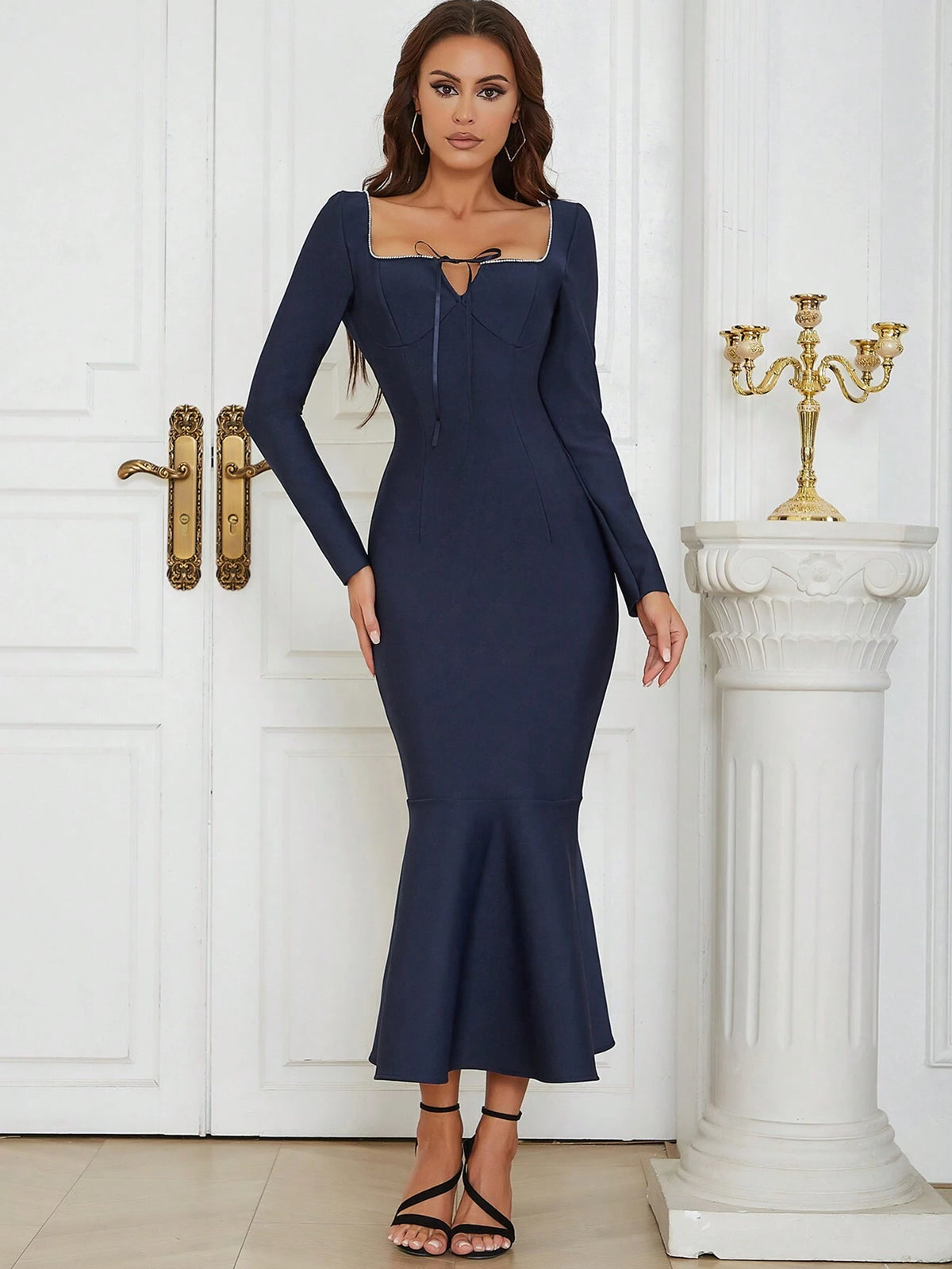 Barlahlsen Bandage Dress Simple Sexy Square Collar After Tying Long Sleeve Fishtail Slim Dress Woman