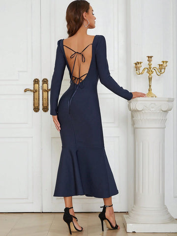 Barlahlsen Bandage Dress Simple Sexy Square Collar After Tying Long Sleeve Fishtail Slim Dress Woman