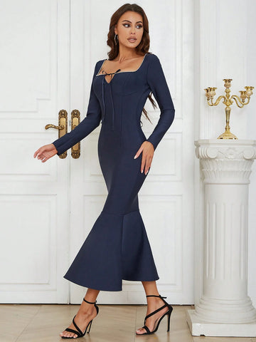 Barlahlsen Bandage Dress Simple Sexy Square Collar After Tying Long Sleeve Fishtail Slim Dress Woman