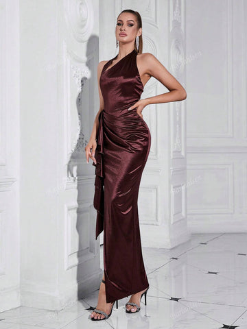 Barlahlsen Elegant Halterneck Slant-Shoulder Slit To Thigh Ruffled Cocktail Dress