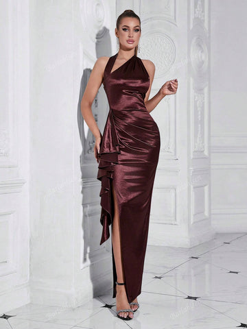 Barlahlsen Elegant Halterneck Slant-Shoulder Slit To Thigh Ruffled Cocktail Dress