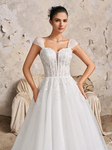 Baroque Vintage Deep V-Neck Lace Romantic Bride Bling-Bling Fairy Loose Beach Wedding Dress With Mini Train
