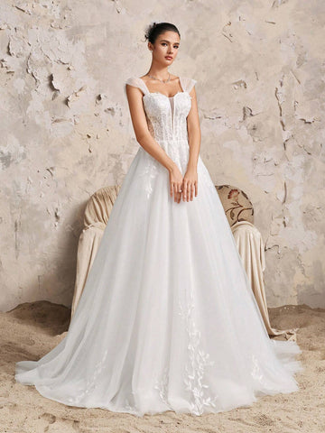Baroque Vintage Deep V-Neck Lace Romantic Bride Bling-Bling Fairy Loose Beach Wedding Dress With Mini Train