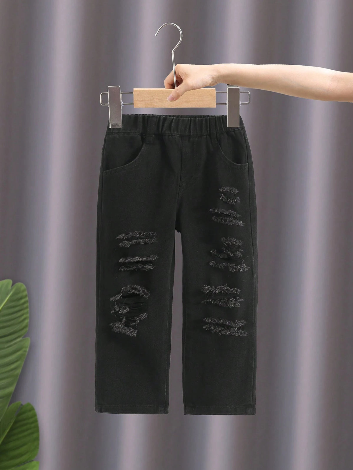 Basic Street Style Ripped Distressed Elastic High Waist Tapered Jeans, Perfect For Young Girls