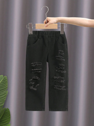 Basic Street Style Ripped Distressed Elastic High Waist Tapered Jeans, Perfect For Young Girls