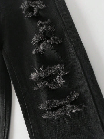 Basic Street Style Ripped Distressed Elastic High Waist Tapered Jeans, Perfect For Young Girls