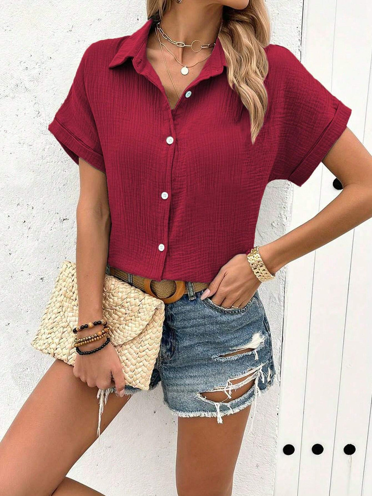 Batwing Sleeve Pocket Patched Blouse