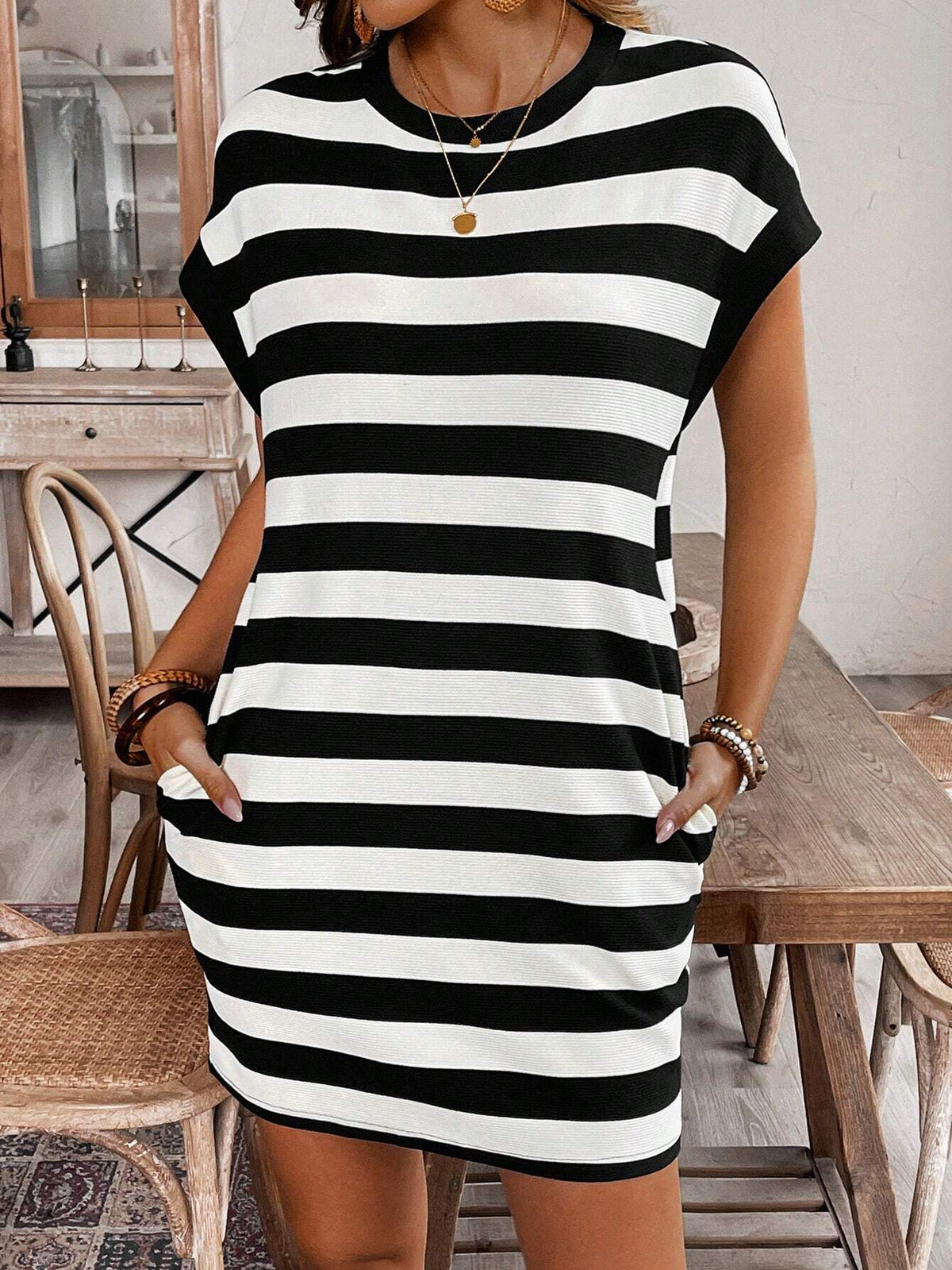 Batwing Sleeve Ribbed Collar Grid Striped Casual College Style Dress