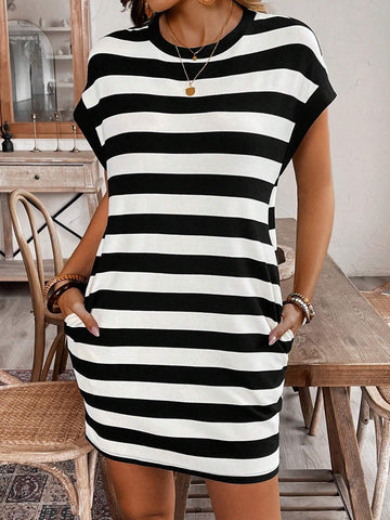 Batwing Sleeve Ribbed Collar Grid Striped Casual College Style Dress