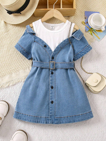 Beach Fun! 2pcs/Set Young Girls' Casual Halter Neck Vest Top With Sheer Daisy Print Collar Outerwear And Shorts, Perfect For Summer