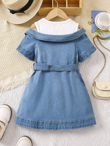 Beach Fun! 2pcs/Set Young Girls' Casual Halter Neck Vest Top With Sheer Daisy Print Collar Outerwear And Shorts, Perfect For Summer