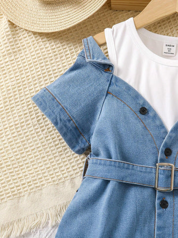 Beach Fun! 2pcs/Set Young Girls' Casual Halter Neck Vest Top With Sheer Daisy Print Collar Outerwear And Shorts, Perfect For Summer