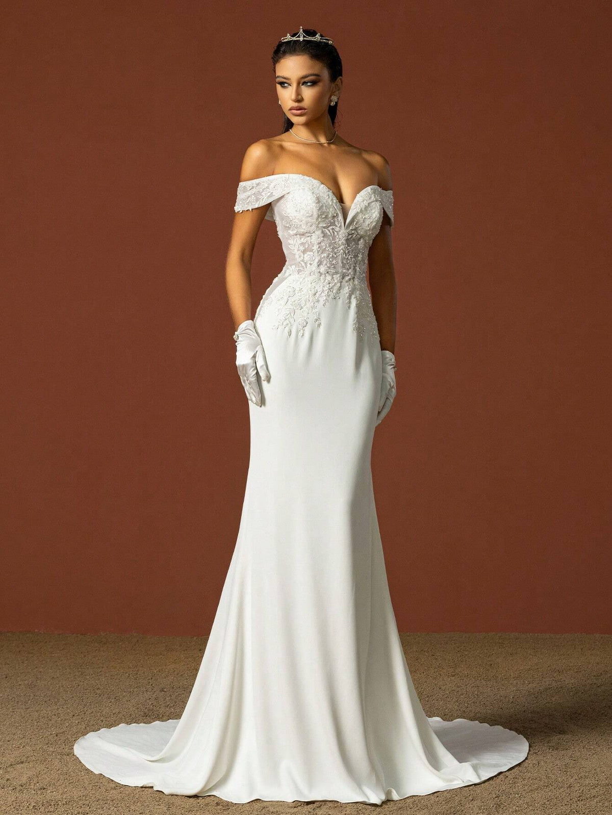 Beaded Embroidery Off Shoulder Train Wedding Dress
