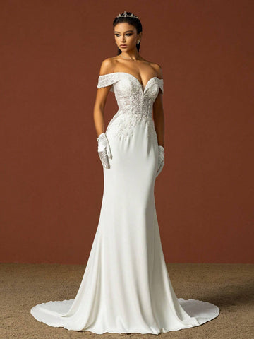 Beaded Embroidery Off Shoulder Train Wedding Dress