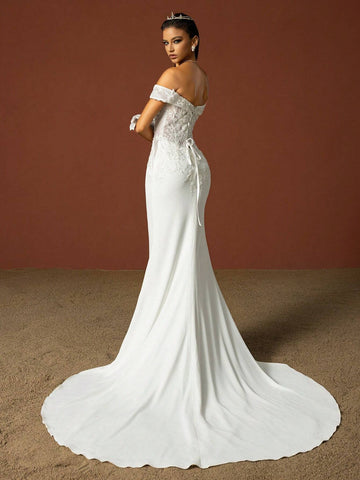 Beaded Embroidery Off Shoulder Train Wedding Dress
