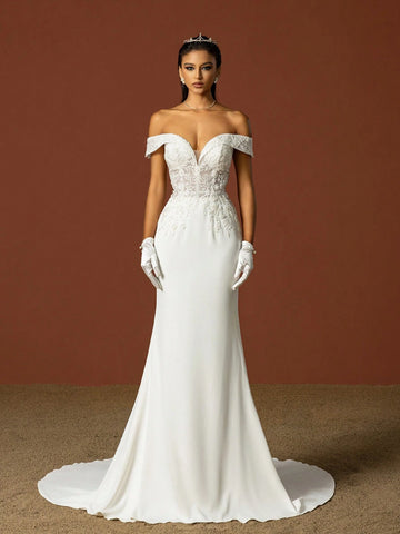 Beaded Embroidery Off Shoulder Train Wedding Dress