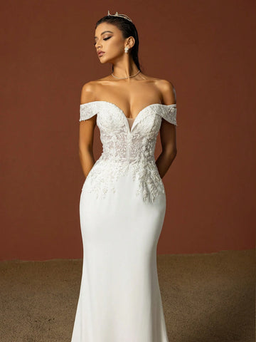 Beaded Embroidery Off Shoulder Train Wedding Dress
