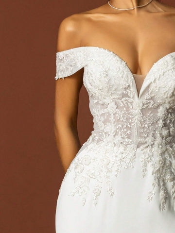 Beaded Embroidery Off Shoulder Train Wedding Dress