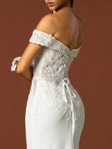 Beaded Embroidery Off Shoulder Train Wedding Dress