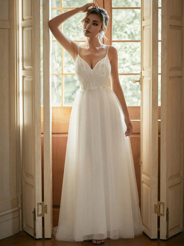 Beaded Embroidery V-Neck Wedding Dress With Contrast Sequin And Mesh Details