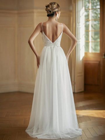 Beaded Embroidery V-Neck Wedding Dress With Contrast Sequin And Mesh Details